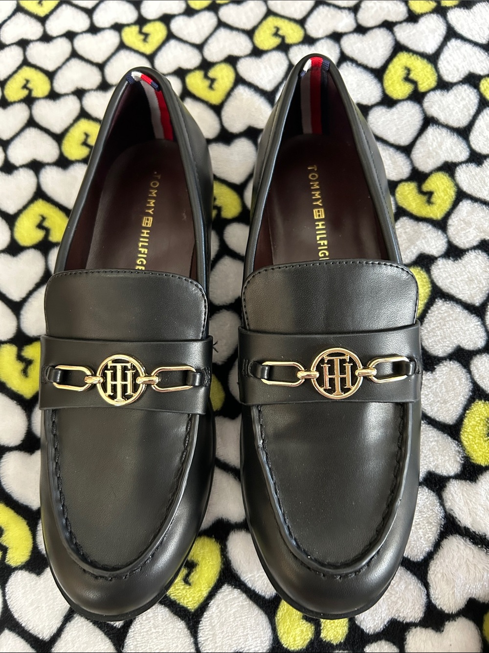 Tommy Hilfiger Black Leather Loafers with Gold Logo Bit New without tag size8